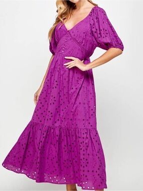 Eyelet V-Neck Maxi Dress in Vibrant Purple
